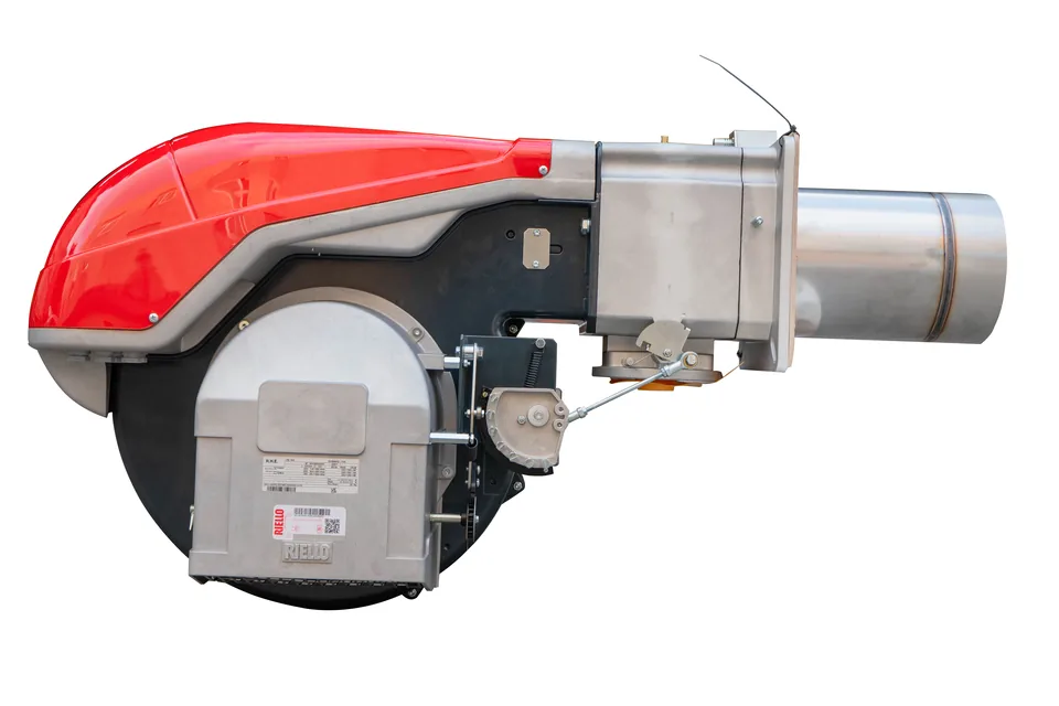 Riello industrial gas burner with steel nozzle and control box, photographed against a white background