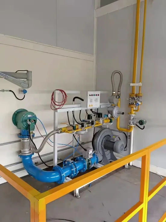 Gas train and burner piping assembly with control panel, installed at a customer site